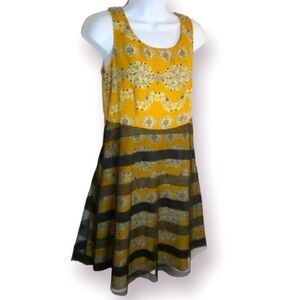 Whish Black Sleeveless Stripe Mesh Overlay Tank Sun dress Yellow Blue Black S